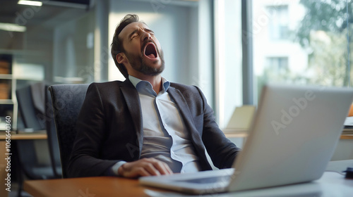 Exhausted businessman yawning office, weary tired work job employee, drained bored sleepy lazy business, overworked fatigued stressed, burnout exhausting corporate