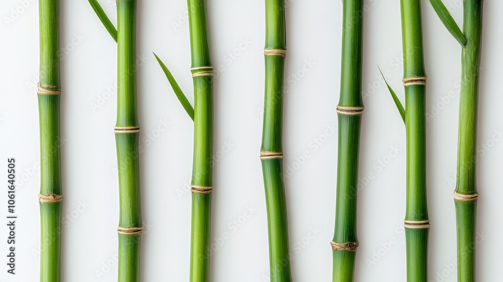 Fototapeta premium Green bamboo stems arranged in a row on a white background, symbolizing nature, strength, growth, purity, and simplicity.