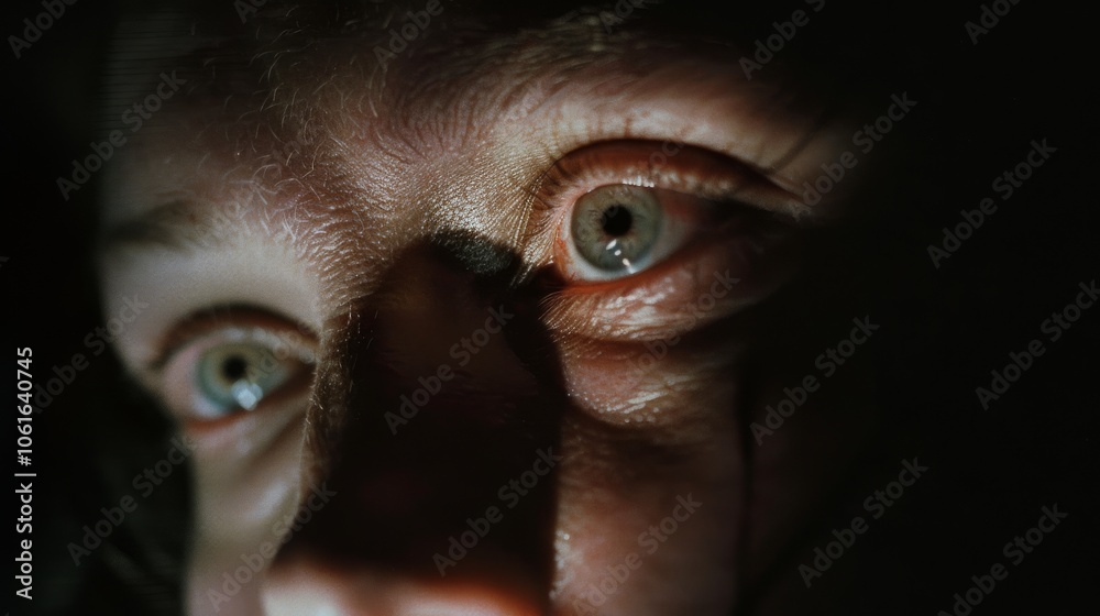 Intense close-up of wide eyes, partially shadowed, revealing fear and curiosity in the dim light. Intense close-up of wide eyes, partially shadowed, revealing fear and curiosity in the dim light.