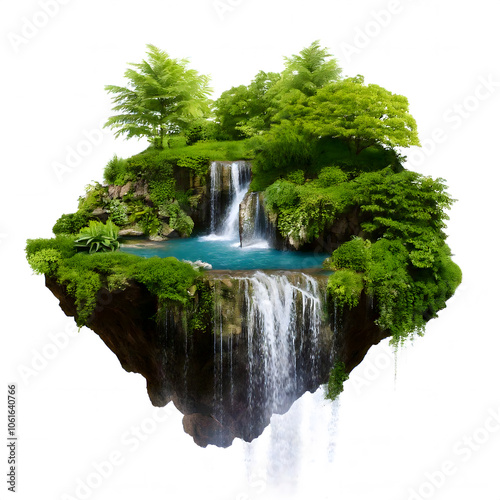 Real floating island waterfall tropical. isolated on a white background with full depth of field