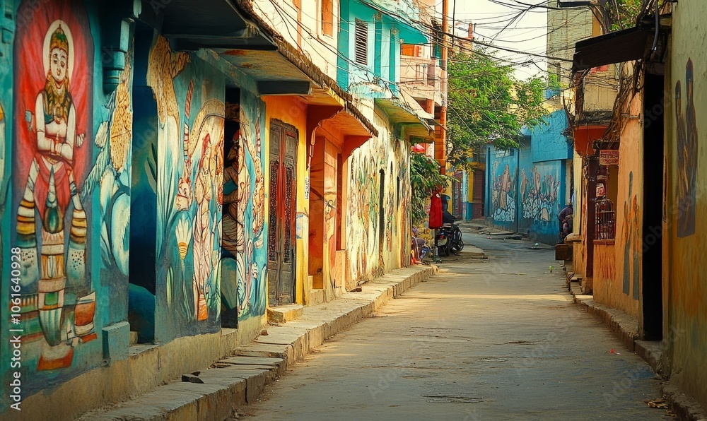 Fototapeta premium Narrow street with colorful murals and buildings.