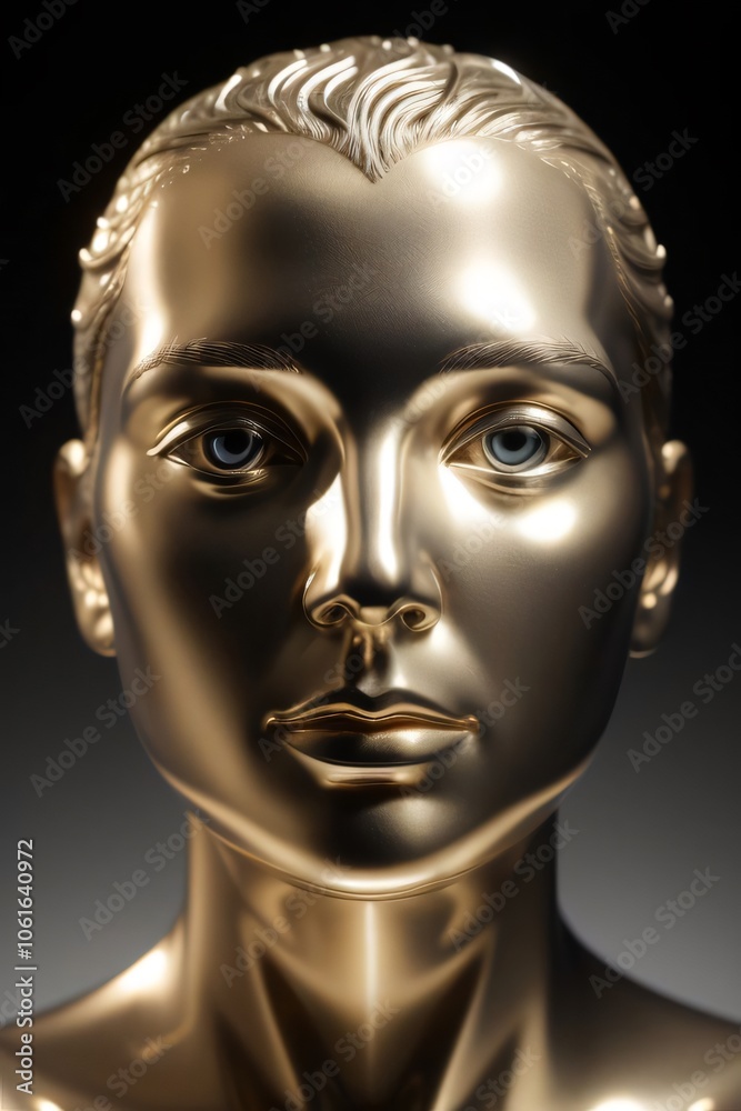 Golden bust sculpture of a woman's head, a mesmerizing blend of art and technology Golden bust sculpture of a woman's head, a mesmerizing blend of art and technology