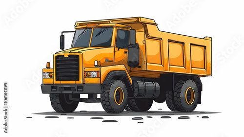 Yellow dump truck with black tires and cab, driving on a gravel road.