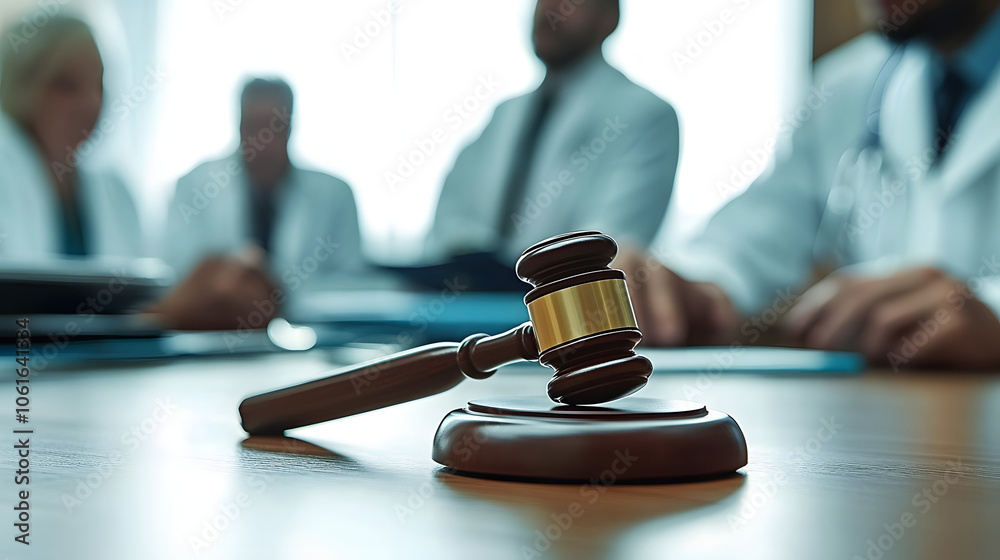 Gavel on table in front of doctors discussing medical case Gavel on table in front of doctors discussing medical case