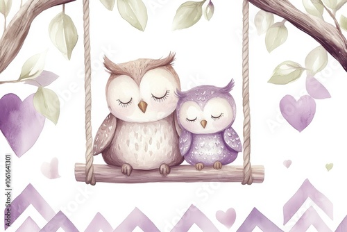 Adorable watercolor illustration of a mother and baby owl perched on a swing, surrounded by hearts and leaves, symbolizing love, family, nature, peace, and innocence. photo