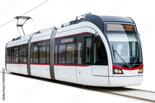 Modern Tram Vehicle Designed for City Transport, a sleek and efficient means of public transportation, ideal for urban environments. It offers a comfortable and reliable ride, reducing traffic congest
