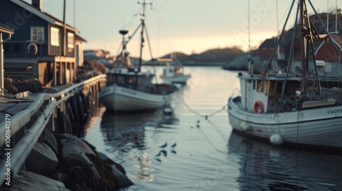 Calm harbor scene at dusk, fishing boats gently bob in the water, surrounded by wooden docks and rustic buildings, creating a nostalgic seaside charm. photo