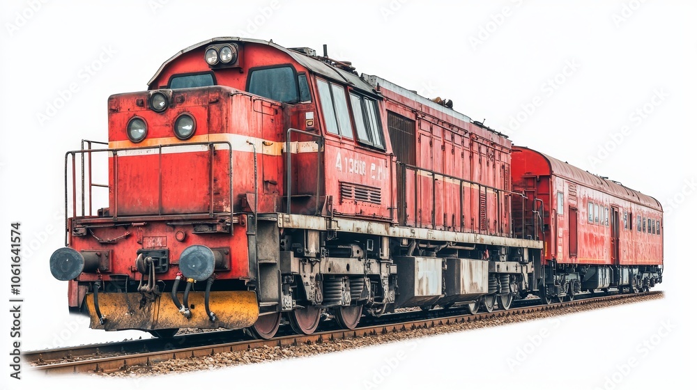 A powerful red diesel locomotive isolated on a white background, ready to pull heavy loads across the tracks. The locomotive is a symbol of industrial strength, transportation, and travel. A powerful red diesel locomotive isolated on a white background, ready to pull heavy loads across the tracks. The locomotive is a symbol of industrial strength, transportation, and travel.