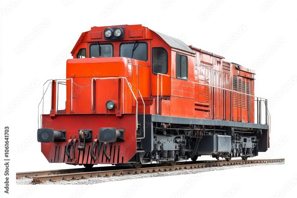 A powerful red diesel locomotive isolated on a white background, symbolizing transportation, industry, strength, power, and speed. A powerful red diesel locomotive isolated on a white background, symbolizing transportation, industry, strength, power, and speed.