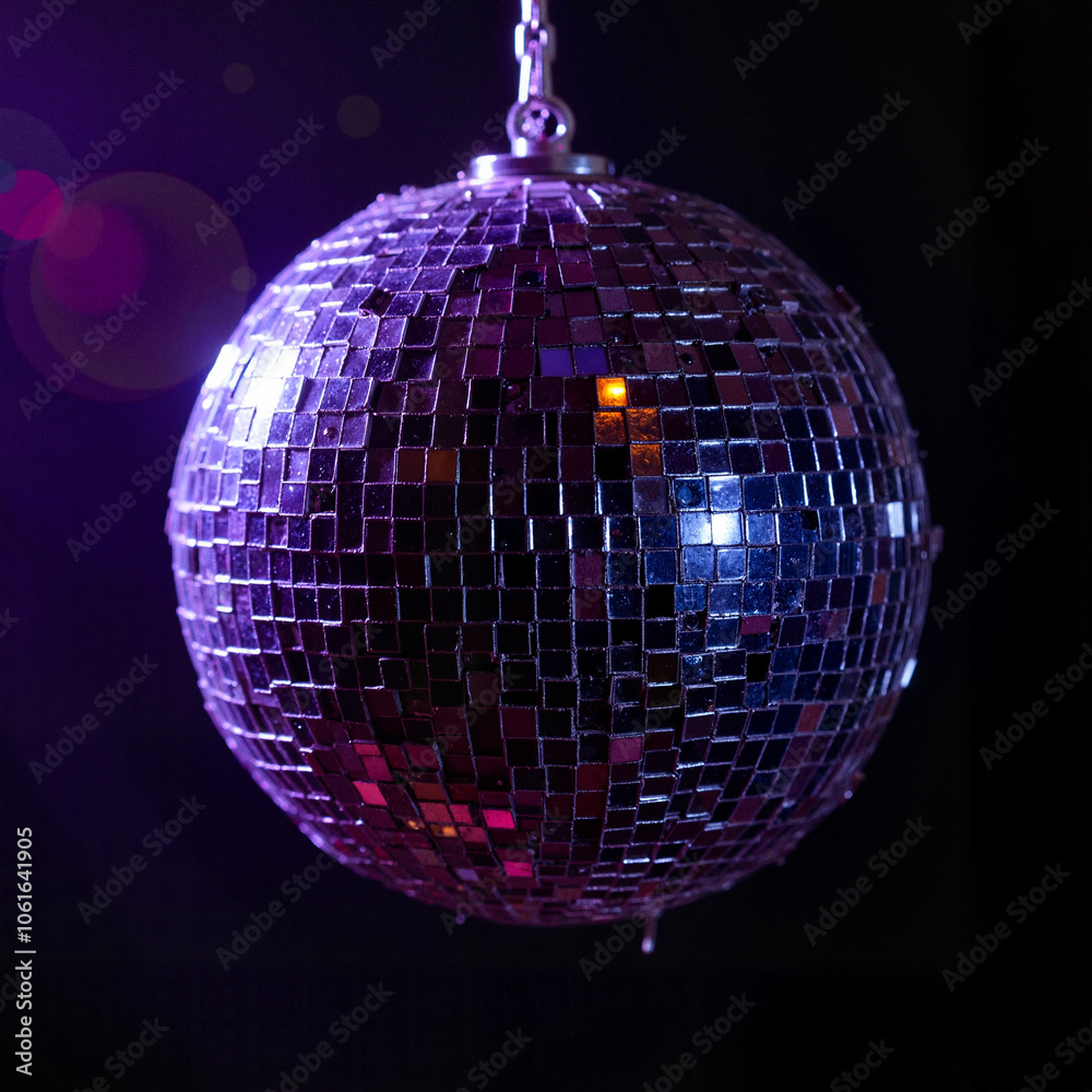 Obraz premium Purple disco ball reflecting colorful lights against dark background