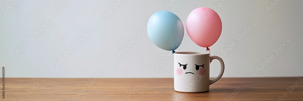 Fototapeta premium A white mug with a sad face and two balloons, one blue and one pink, symbolizing sadness, disappointment, hope, love, and celebration.