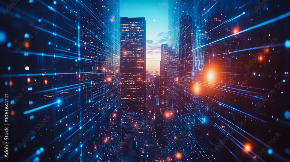 Smart digital Innovation city with connection network reciprocity over the cityscape. of future smart wireless digital city and social media networking systems that connects people with in city