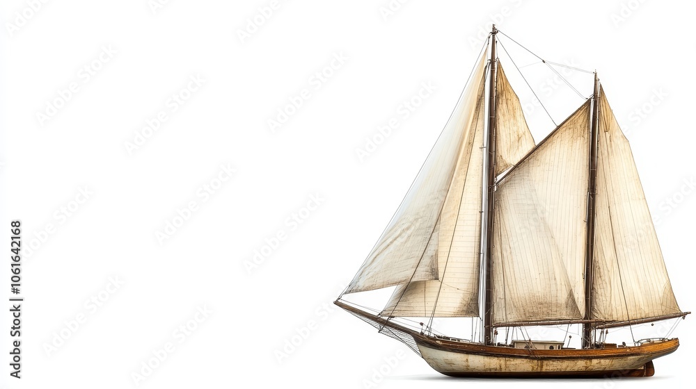 Obraz premium Sailboat with full sails, isolated on a white background. A classic sailing vessel with white sails and a wooden hull. The sails are billowing in the wind, and the boat is sailing on a clear day. Thi
