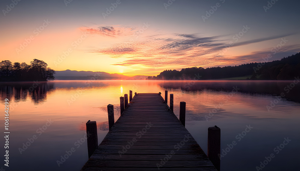 magic sunrise over the lake with old wooden jetty magic sunrise over the lake with old wooden jetty