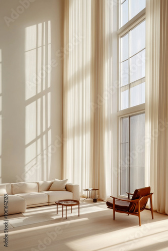 A bright and airy interior featuring large windows, soft curtains, and minimalist furniture creates serene atmosphere. light enhances elegant design and spacious feel