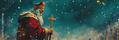 A whimsical illustration depicting Saint Nicholas standing in a snowy landscape, holding a golden crosier, symbolizing faith, generosity, and the spirit of giving during the winter season. photo