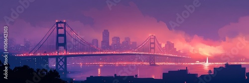 A stunning view of the Golden Gate Bridge illuminated at night with a pink sky and clouds, showcasing San Francisco's iconic skyline. The bridge, city, and sky blend into a breathtaking scene of urban