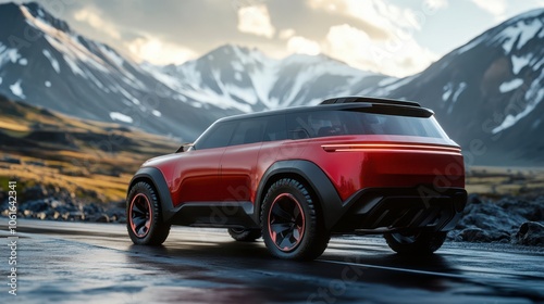 Red SUV on an open road with scenic mountain backdrop