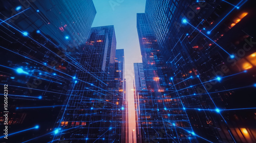 Wallpaper Mural Smart digital Innovation city with connection network reciprocity over the cityscape. of future smart wireless digital city and social media networking systems that connects people with in city Torontodigital.ca