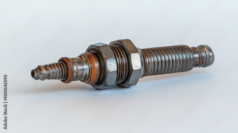 A single spark plug isolated on a white background. This is a common automotive part that ignites the air-fuel mixture in an internal combustion engine. Spark plugs are essential for vehicle operation A single spark plug isolated on a white background. This is a common automotive part that ignites the air-fuel mixture in an internal combustion engine. Spark plugs are essential for vehicle operation