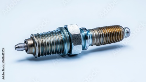 Spark Plug for Automotive Engines - Isolated on White Background. A high-quality, close-up photo of a spark plug isolated on a white background, perfect for automotive, engineering, and industrial pr