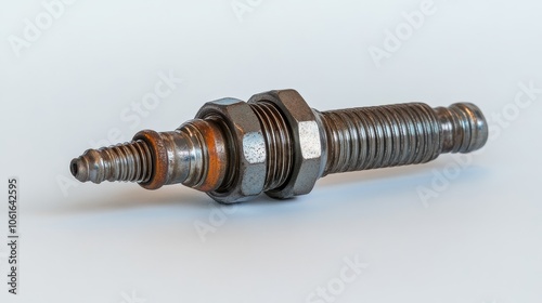 A single spark plug isolated on a white background. This is a common automotive part that ignites the air-fuel mixture in an internal combustion engine. Spark plugs are essential for vehicle operation