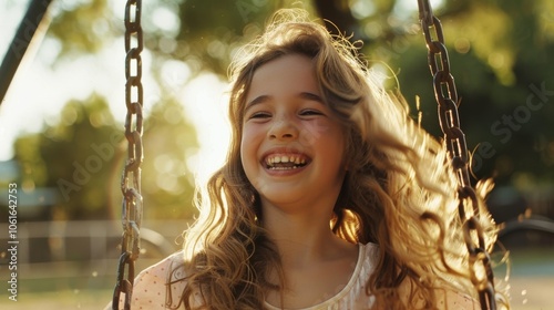 A girl on a swing, laughing joyfully as the golden sun sets behind, embodies carefree childhood and the simple happiness of playtime. photo