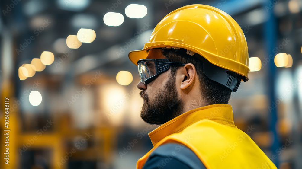 A construction worker wearing yellow hard hat and safety goggles stands in warehouse, focused on task ahead. environment is industrial, highlighting safety and professionalism A construction worker wearing yellow hard hat and safety goggles stands in warehouse, focused on task ahead. environment is industrial, highlighting safety and professionalism