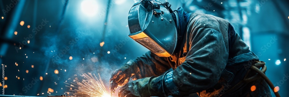 Underwater welder working on oil rig repairs with sparks flying, representing industrial strength, hard work, dedication, maintenance, and energy. Underwater welder working on oil rig repairs with sparks flying, representing industrial strength, hard work, dedication, maintenance, and energy.