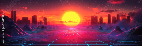 A captivating sunset over a futuristic city skyline with neon lights illuminating the road ahead, symbolizing progress, innovation, and the future.