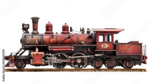 A vintage steam locomotive with a red exterior, showcasing the classic design and powerful nature of these iconic machines. The locomotive features a large chimney, multiple wheels, and intricate deta