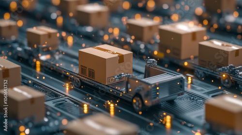 Automated conveyor system transporting cardboard boxes in warehouse, showcasing efficiency and modern logistics. scene is vibrant with glowing particles, enhancing dynamic atmosphere