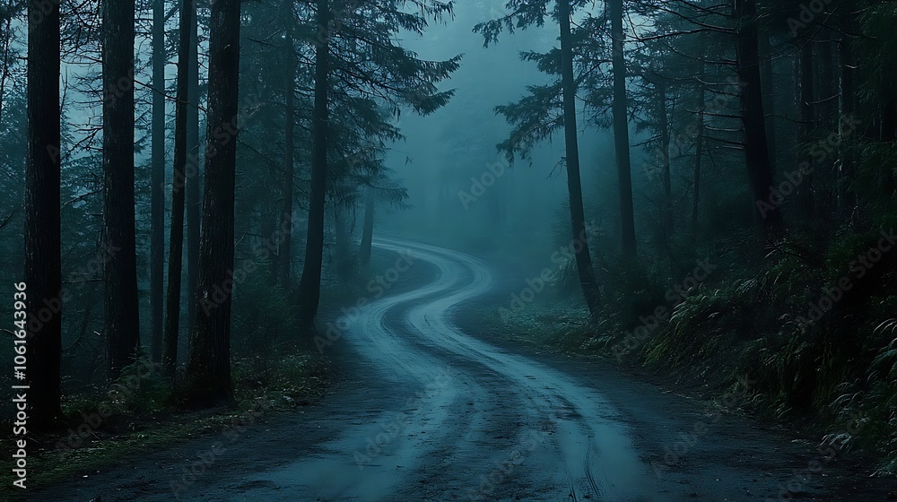 Fototapeta premium Winding road through the misty forest a serene