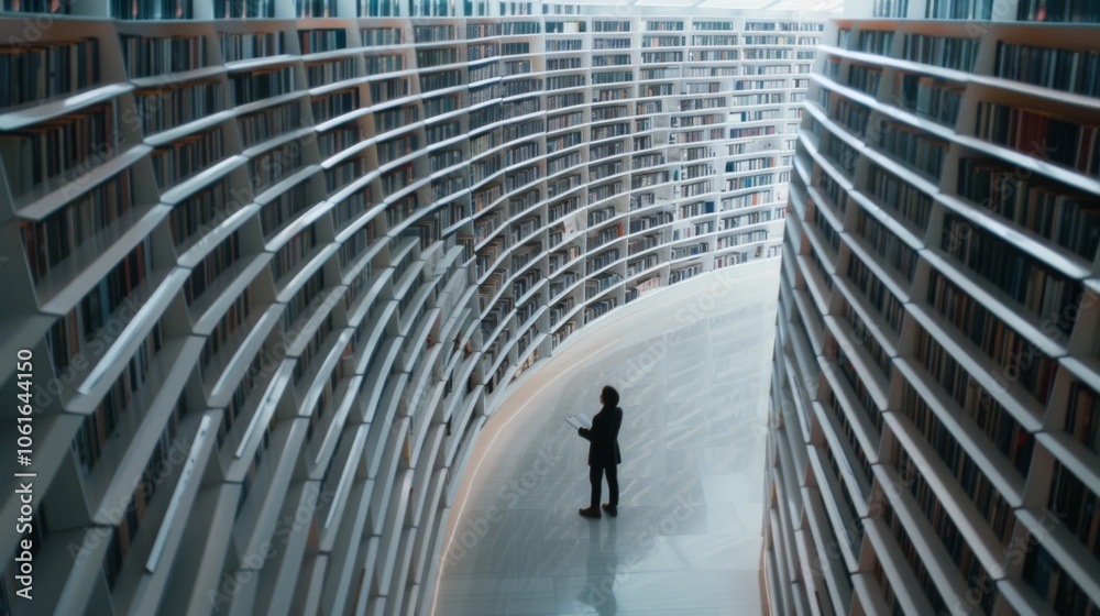 Curving gently, a high-tech library aisle engulfs a figure in contemplation, bathed in serene ambient light, inviting exploration and learning. Curving gently, a high-tech library aisle engulfs a figure in contemplation, bathed in serene ambient light, inviting exploration and learning.