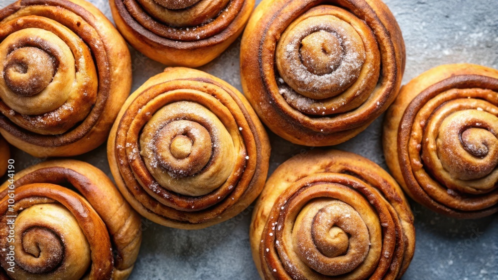 A close-up view of six freshly baked cinnamon rolls, with a delicate dusting of powdered sugar on top, arranged in a circular pattern on a grey background. A close-up view of six freshly baked cinnamon rolls, with a delicate dusting of powdered sugar on top, arranged in a circular pattern on a grey background.