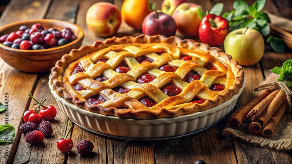 A Lattice-Top Cherry Pie with Golden Crust, Surrounded by Fresh Fruit and Cinnamon Sticks on a Rustic Wooden Table A Lattice-Top Cherry Pie with Golden Crust, Surrounded by Fresh Fruit and Cinnamon Sticks on a Rustic Wooden Table