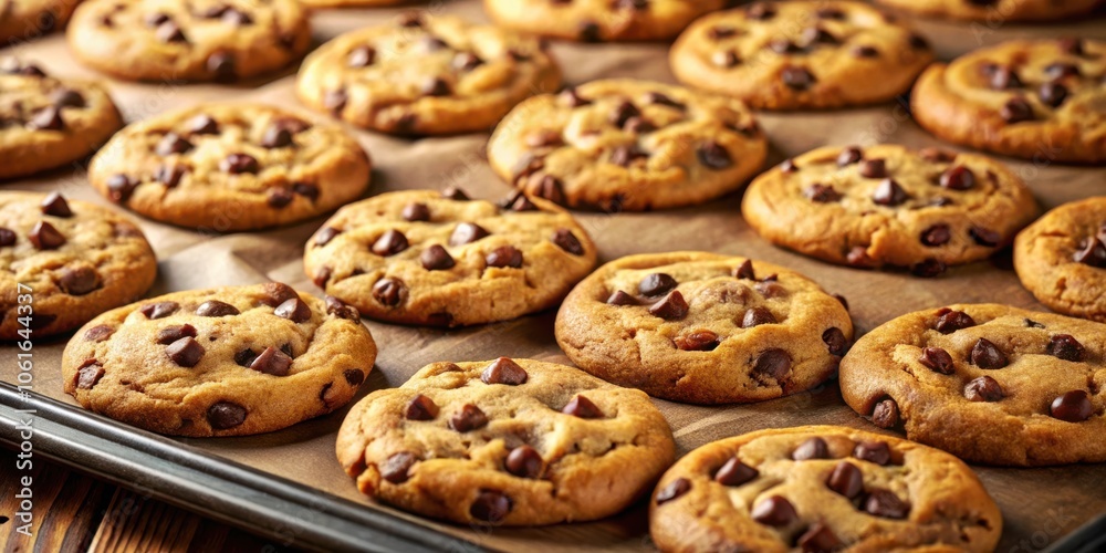A tray of freshly baked chocolate chip cookies, with golden-brown edges and glistening chocolate chips, arranged in rows on parchment paper. A tray of freshly baked chocolate chip cookies, with golden-brown edges and glistening chocolate chips, arranged in rows on parchment paper.