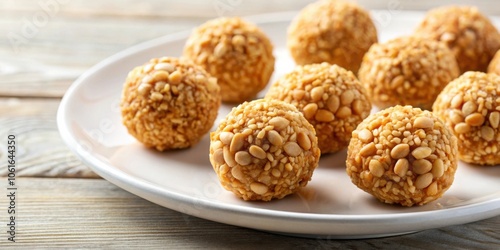 Gourmet Nutty Bites A Close-up of Delectable Sweet Treats Covered in Sesame Seeds and Toasted Nuts on a White Plate