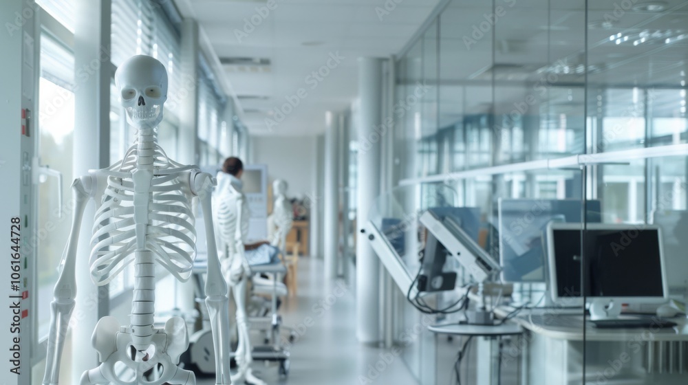 In a modern laboratory, skeletal models align along a bright, glass-walled corridor, evoking an atmosphere of scientific precision and curiosity. In a modern laboratory, skeletal models align along a bright, glass-walled corridor, evoking an atmosphere of scientific precision and curiosity.