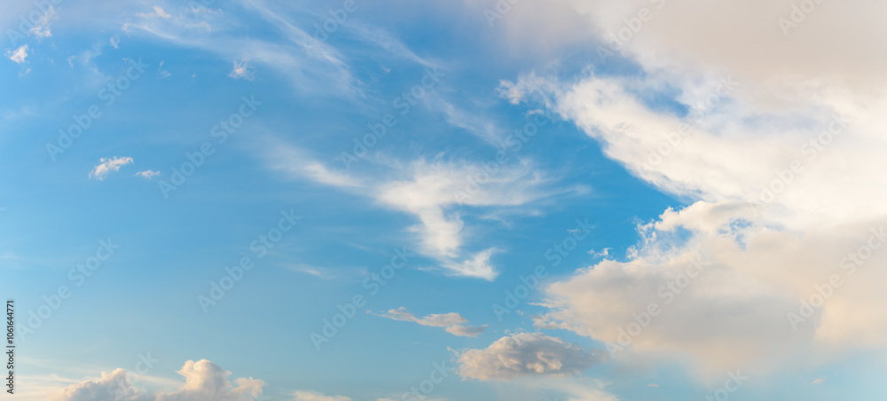 Fototapeta premium Panoramic Blue Sky with Clouds — Horizontal Background for Sky Replacement in Photo Editing