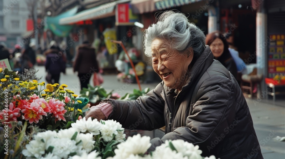 Elderly woman with joyful smile admires vibrant flowers at a bustling market, capturing a moment of pure delight and human connection. Elderly woman with joyful smile admires vibrant flowers at a bustling market, capturing a moment of pure delight and human connection.