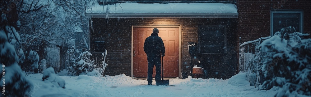 Man shoveling snow in a heavy blizzard outside house Man shoveling snow in a heavy blizzard outside house