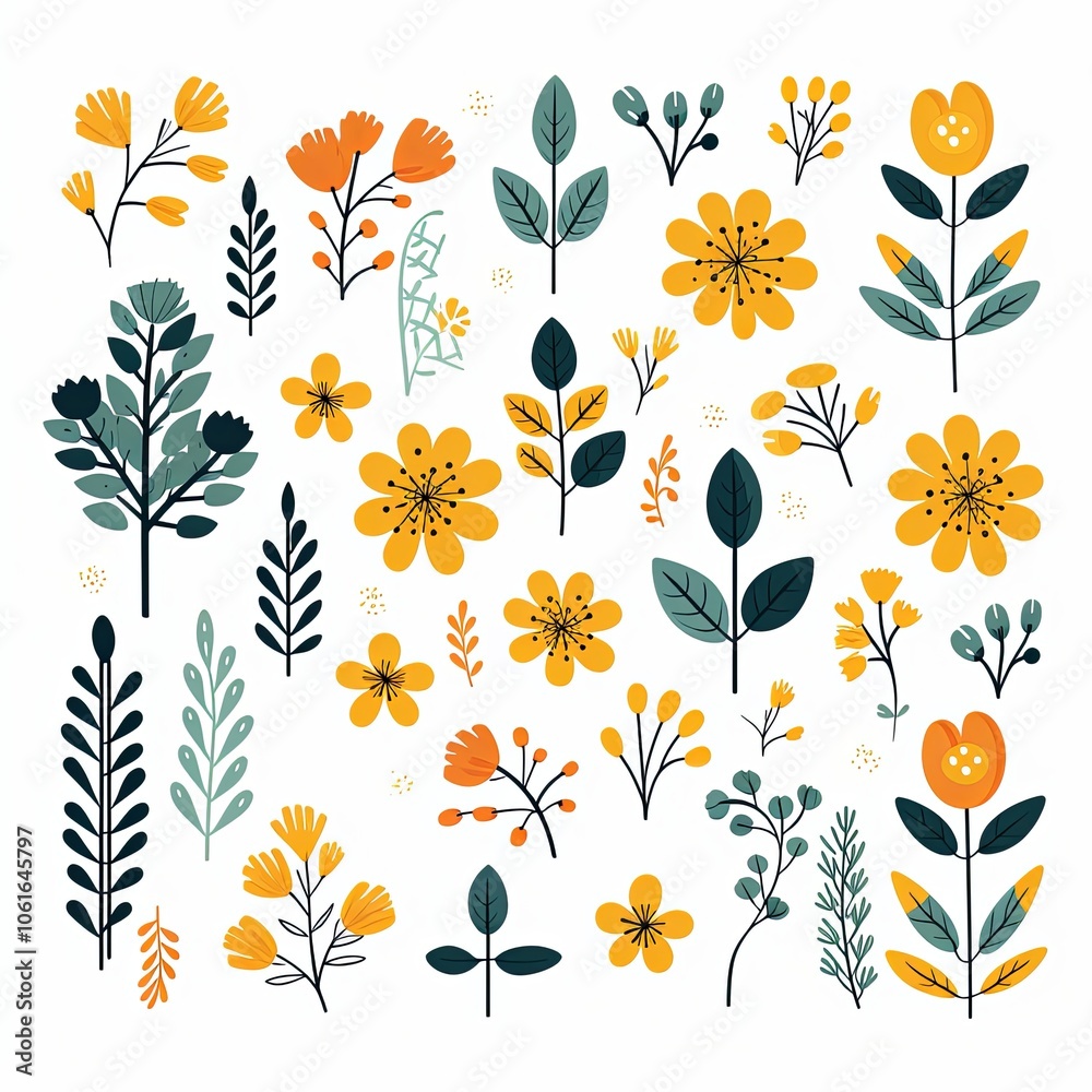 Set of simple clipart flowers and leaves in a flat style. Set of simple clipart flowers and leaves in a flat style.