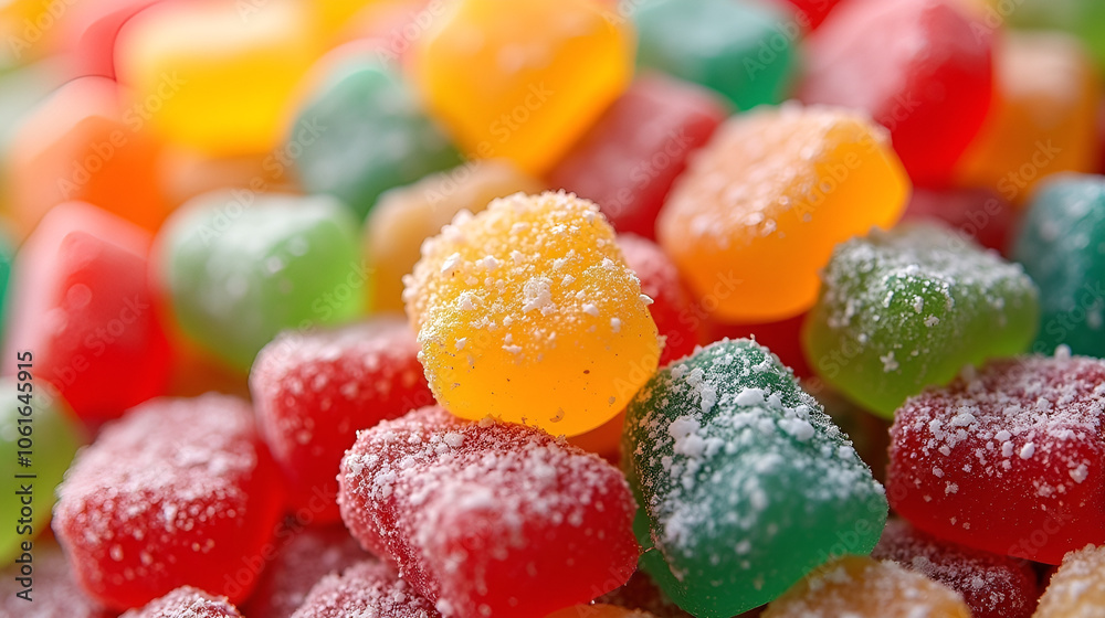 Colorful gummy candies coated in sugar arranged together in a vibrant display, tempting sweet lovers at a festive candy shop during daylight Colorful gummy candies coated in sugar arranged together in a vibrant display, tempting sweet lovers at a festive candy shop during daylight
