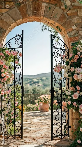 Wrought iron gate opening to tuscan landscape