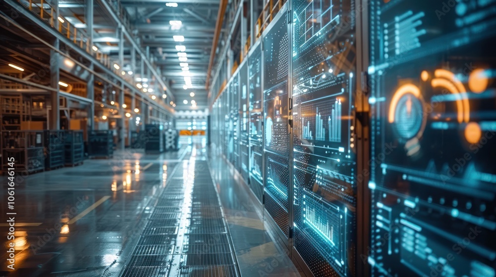 Futuristic server racks and high tech data center equipment in a modern industrial style architecture setting Futuristic server racks and high tech data center equipment in a modern industrial style architecture setting