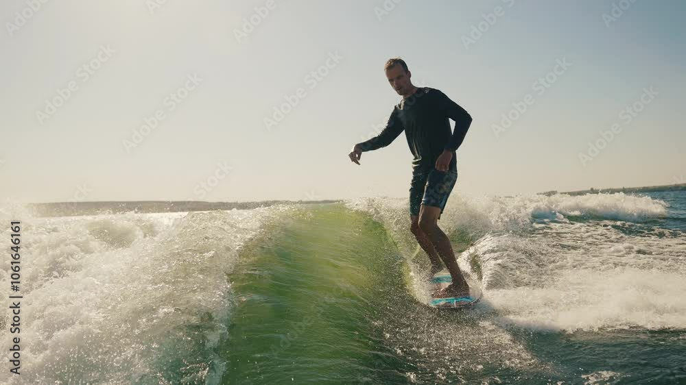 Wakeboarding behind a motor boat on the water surface. An athlete performs tricks while balancing on a board. The scene conveys the dynamics, speed and adrenaline of water extreme sports Wakeboarding behind a motor boat on the water surface. An athlete performs tricks while balancing on a board. The scene conveys the dynamics, speed and adrenaline of water extreme sports
