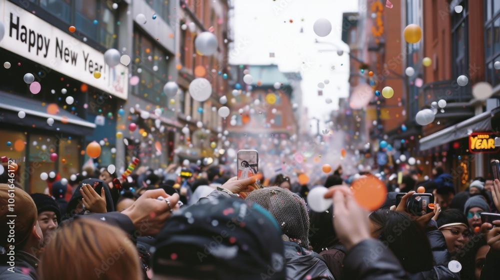 A jubilant crowd welcomes the New Year in a lively street, filled with confetti and cheers, capturing the essence of celebration and togetherness. A jubilant crowd welcomes the New Year in a lively street, filled with confetti and cheers, capturing the essence of celebration and togetherness.