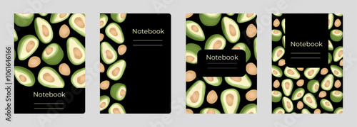 Set of cover designs for notebook, notepad, book, catalog with avocado slice. Template of vertical format A4,A5.