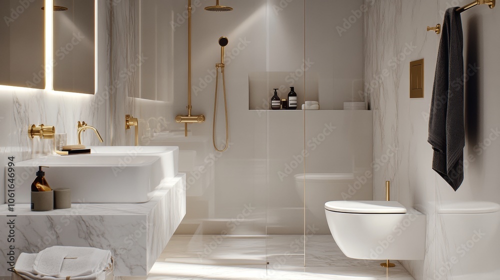 Modern Bathroom with Marble and Gold Accents. Modern Bathroom with Marble and Gold Accents.